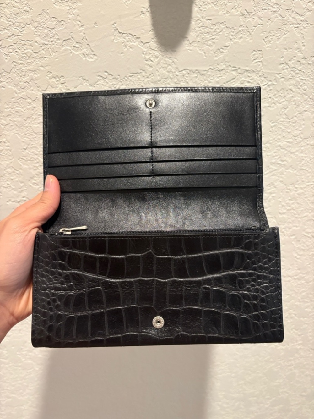 Longchamp Black Leather Croc Leather Embossed Long Snap Wallet - Picture 3 of 12